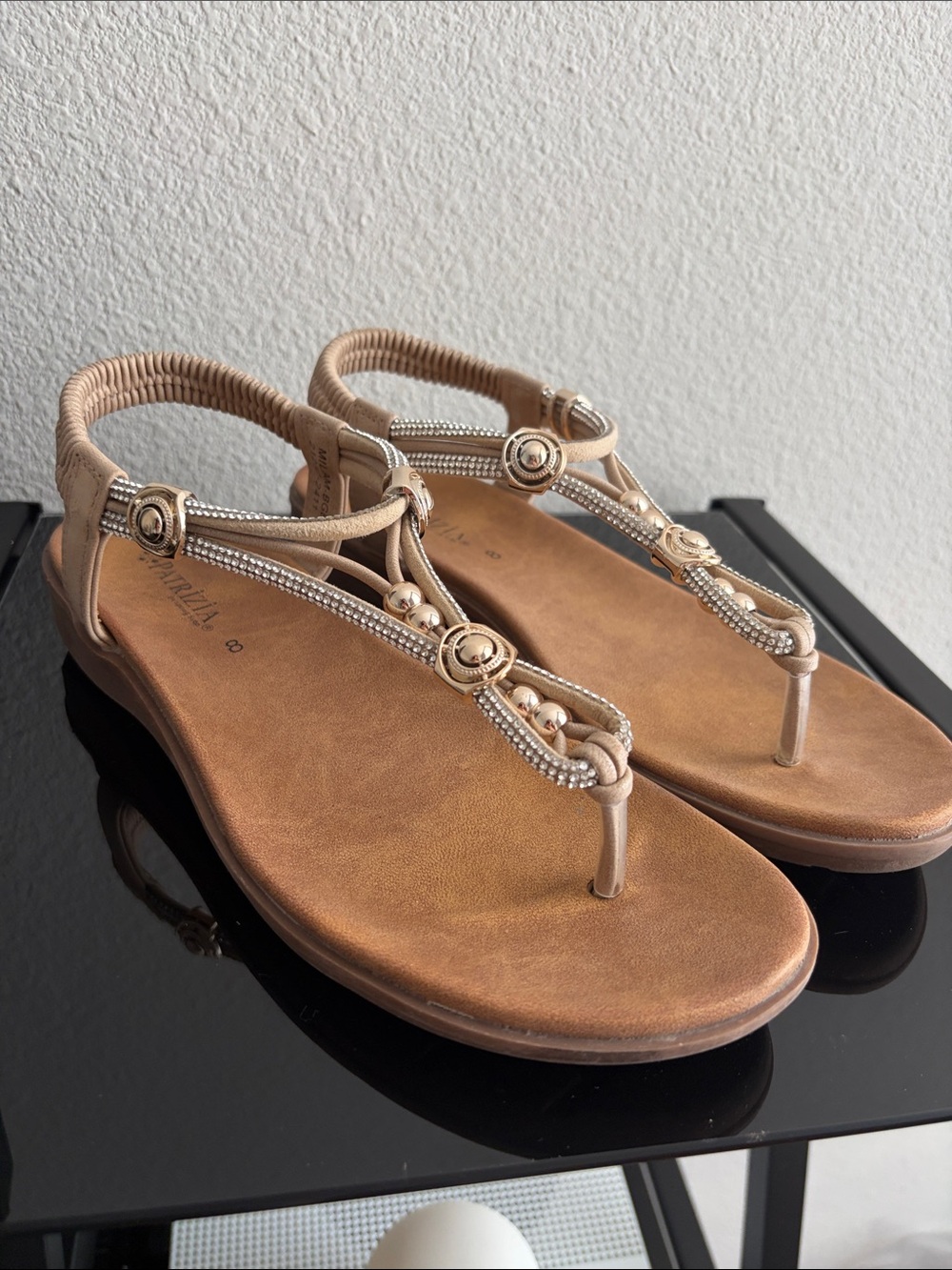 Women's Tan Embellished Thong Sandals